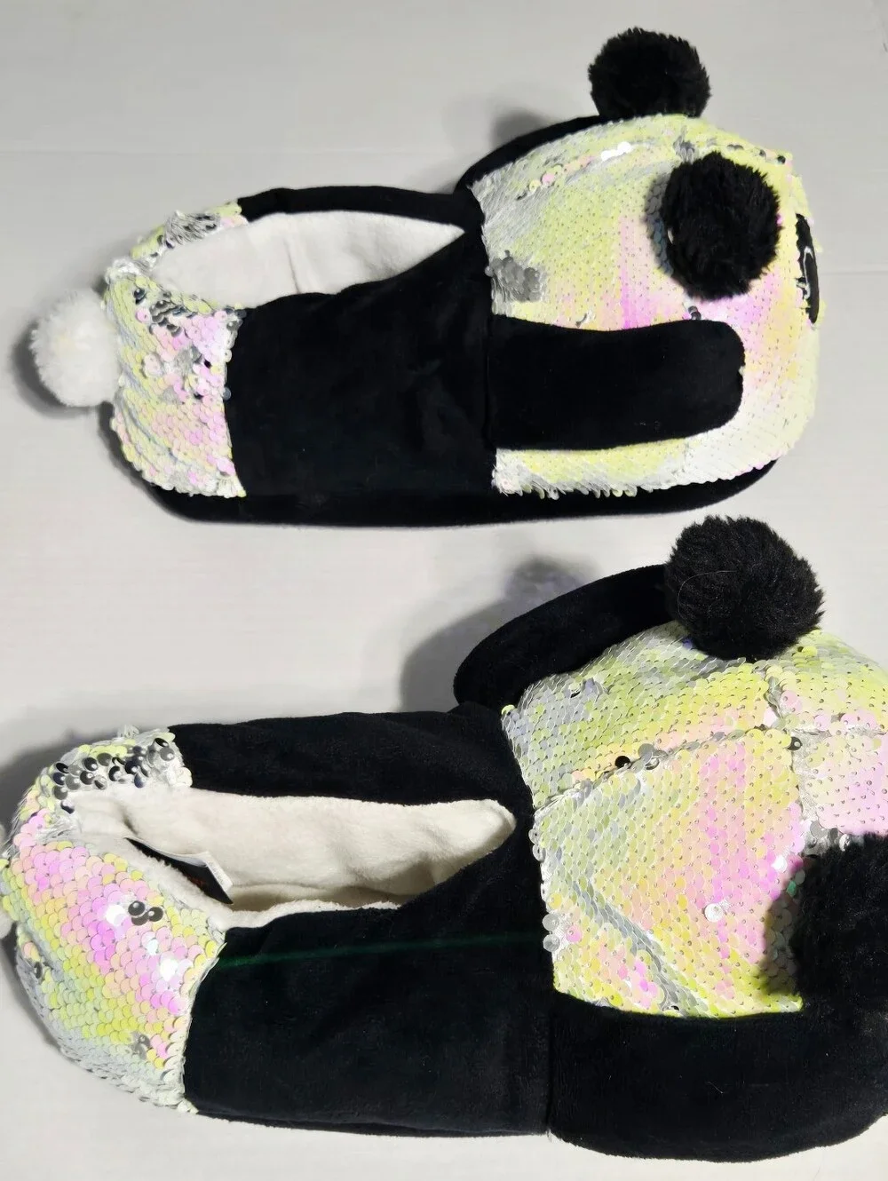 Body Rage Panda Sequin Plush Slippers L/XL Black Pink Yellow Cozy